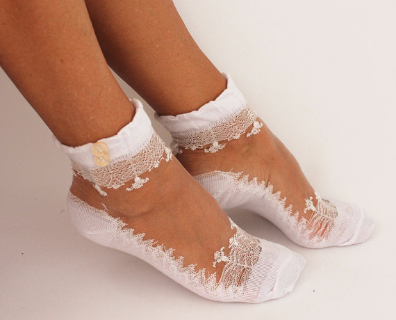 Wedding - Lace Ankle Socks, womens socks with vintage pearl buttons, One Size Fits All Women