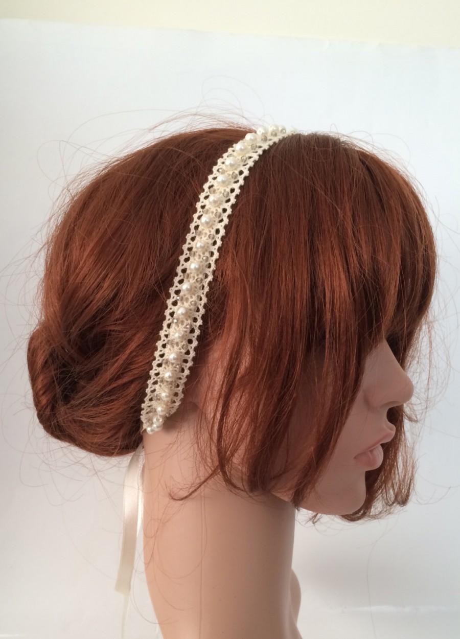 Hochzeit - Bridal Lace Headband, Embroidered Hair Wrap, Beaded Hairband, Pearl and Crystal Beads Wedding Hairband, Bridesmaid Headpiece, Beadwork