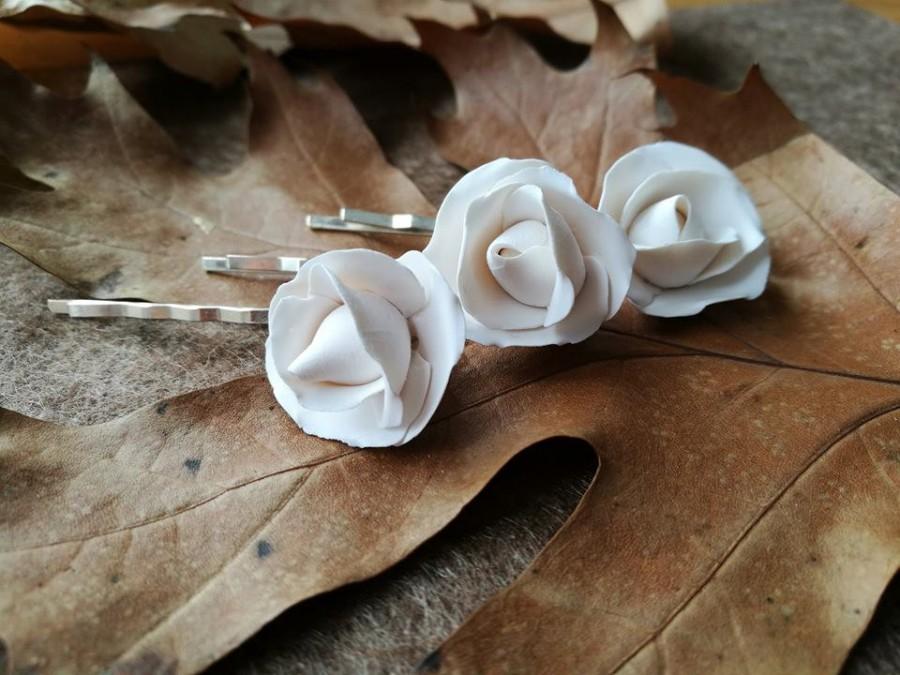 زفاف - White rose bridal hair pin, set of 3 blossom hair accessories, rose pin, woodland wedding hair clips, Bridal hair flower, Bride flower pin