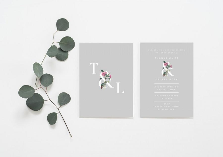 Hochzeit - Double-sided Grey Botanical Engagement, modern engagement party invitation, minimal invitation, modern wedding invitation, botanical