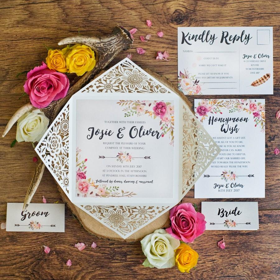 Свадьба - Peony Rustic Floral Design Laser Cut Wedding Invitation Sample