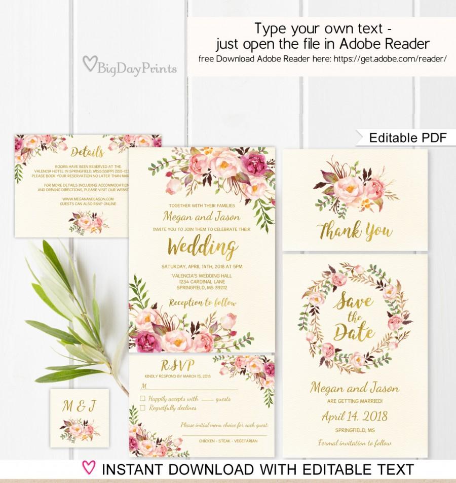 Hochzeit - Floral Wedding Invitation Template, Ivory Boho Chic Wedding Invite Suite, Gold Foil Invite, , Editable PDF - you personalize at home.