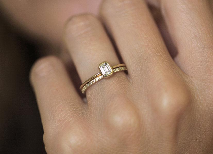 Hochzeit - Diamond Ring Engagement, Emerald Diamond Engagement Ring with a Pave Diamond Eternity Ring, Wedding Set, 18k Solid Gold Diamond Ring Set