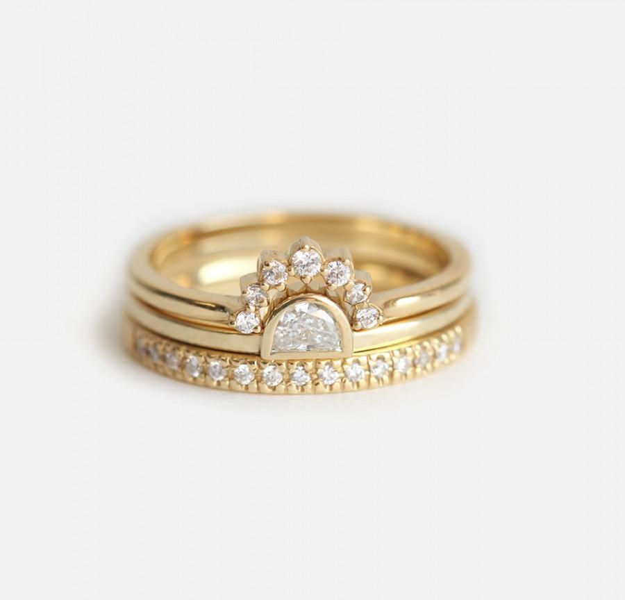 Hochzeit - Diamond Set, Diamond Engagement Ring Set, Pave Diamond Ring With Half Moon Diamond Ring, Diamond Crown Ring, Three Rings Set