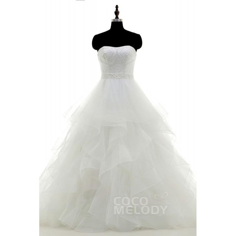 Wedding - Romantic A-Line Sweetheart Train Tulle Ivory Zipper With Buttons Wedding Dress with Beading - Top Designer Wedding Online-Shop