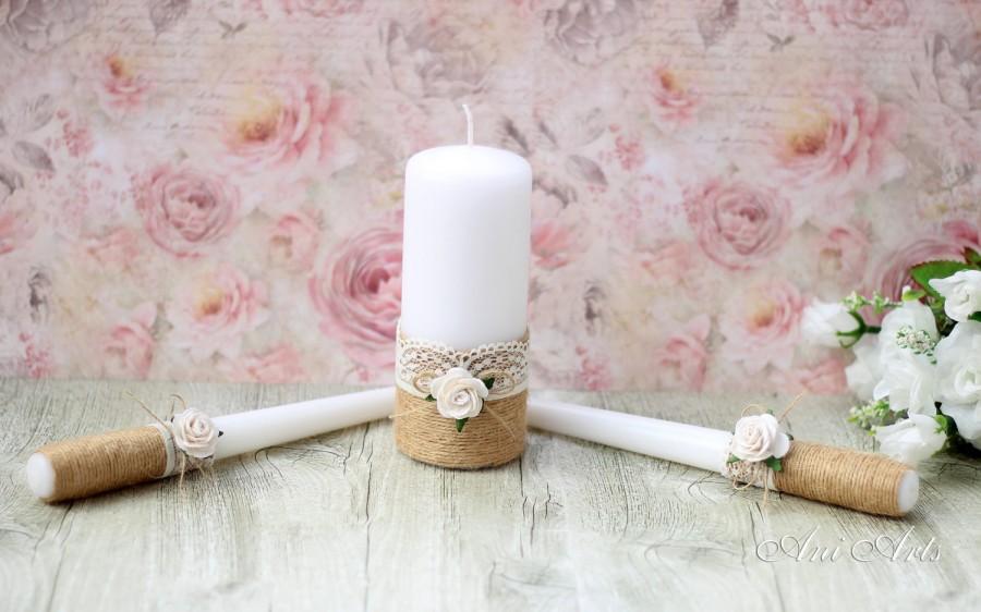 Mariage - Burlap and Lace Wedding Unity Candle Set, Rustic Wedding Unity Candles, Bride and Groom Unity Candles