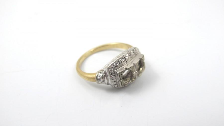 زفاف - 14K Art Deco Enagement Ring, Semi-Mount Setting, Yellow White Gold Two Stone Ring, Diamond Engagement Anniversary Promise Ring, Size 5.75
