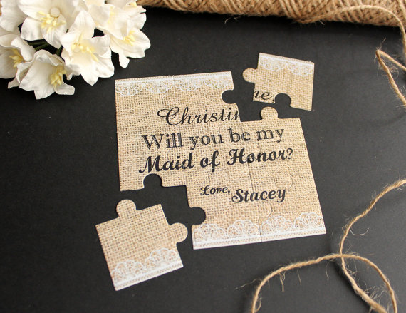 Hochzeit - Will You Be My Maid of Honor Puzzle Burlap and Lace Proposal Will You Be My Bridesmaid Invitation Flowergirl Invitation Wedding Invitation