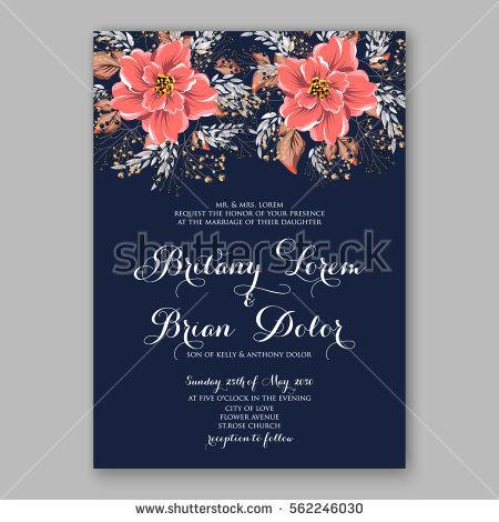 Mariage - Wedding Invitations with anemone flowers. Anemone Bridal Shower invitation cards in navy blue theme with red peony