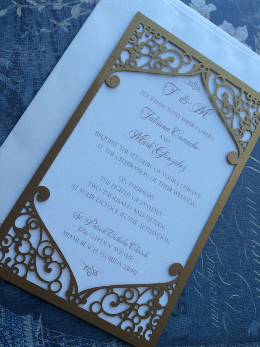 Wedding - Laser Cut Wedding Invitation Pocket, Elegant Swirl Frame, Custom Personalized. Die Cut Pattern