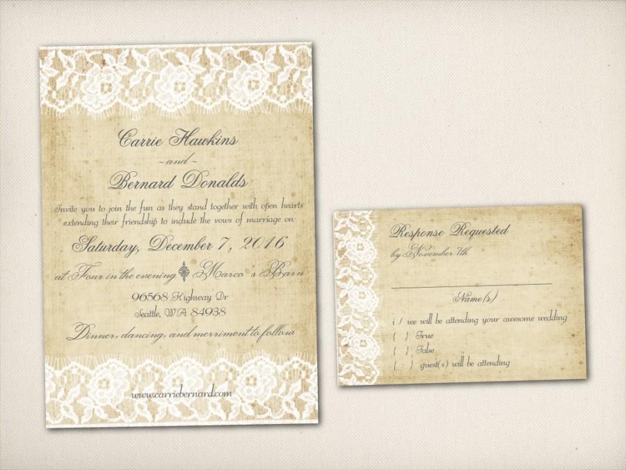 Hochzeit - Wedding Invitation, Vintage Rustic Lace Invite, Modern Rustic Invite, Romantic Ivory Lace Invitation, DIY Printable, Cheap Invitation (WI50)