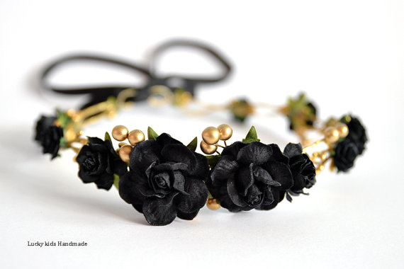 Wedding - Black flower crown - Black floral hair wreath - Black and Gold crown - Golden Halo - Rose headpiece - Wedding hair accessories - Boho crown