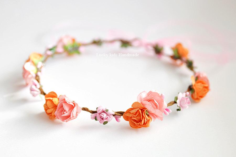 Mariage - Peach flower crown, Floral crown, Flower girl wreath, Flower crown wedding, Flower girl, Peach Orange Hair wreath, Flower girl Boho crown