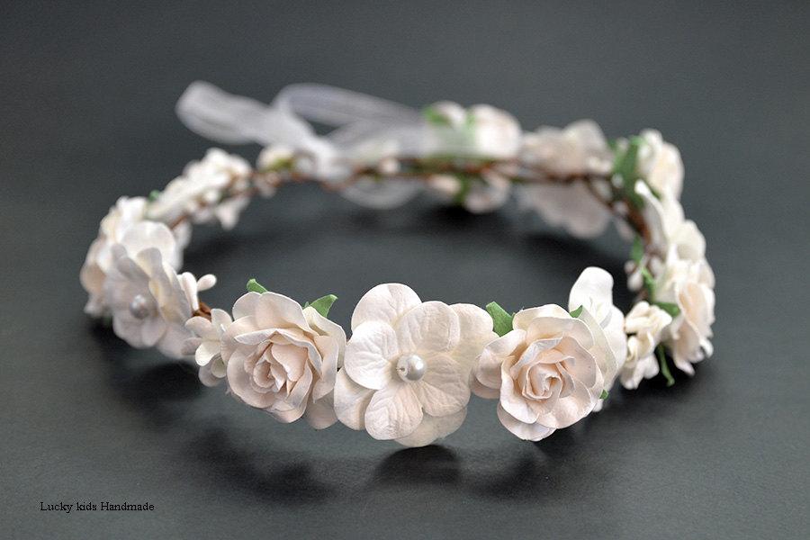 Mariage - Flower crown - Woodland Wedding Halos - Ivory white floral crown - Boho crowns - White woodland flower crown - Floral crown - Bridal hair