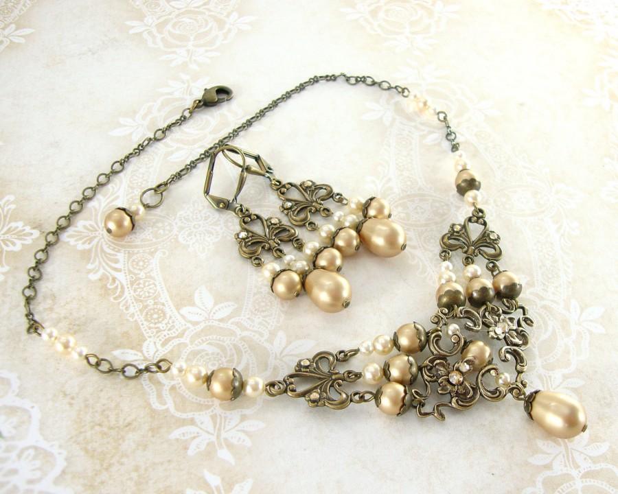 Mariage - Vintage Style Wedding Jewelry - Swarovski Crystal Antique Victorian Style Bronze Brass Filigree Vintage Gold Pearl Set Necklace Earrings