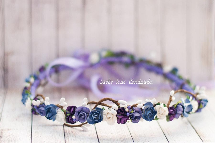 زفاف - Bridesmaid hair accessories, Violet hair wreath, Floral crown, Flower crown wedding, Purple flower crown, Flower headband, Bridal wreath