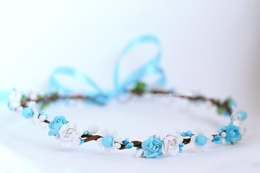 زفاف - Flower Crown in white and blue, White blue woodland crown, Flower girl Crown, Beach Wedding, Turquoise floral crown, Something blue halo