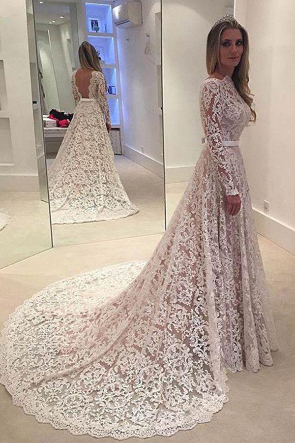 Hochzeit - Elegant A-line Lace Backless Wedding Dress With Court Train WD052