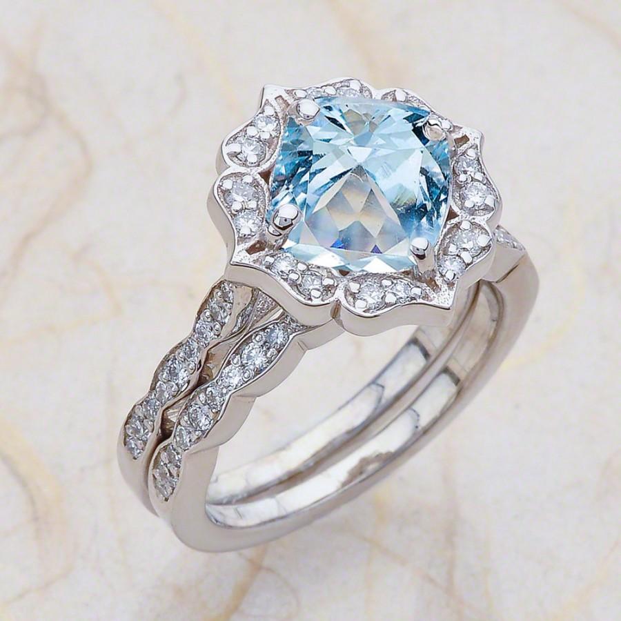 Свадьба - Vintage Floral Scalloped Bridal Set Aquamarine Engagement Ring And Scalloped Diamond Wedding Band in 14k White Gold 8x8mm Cushion