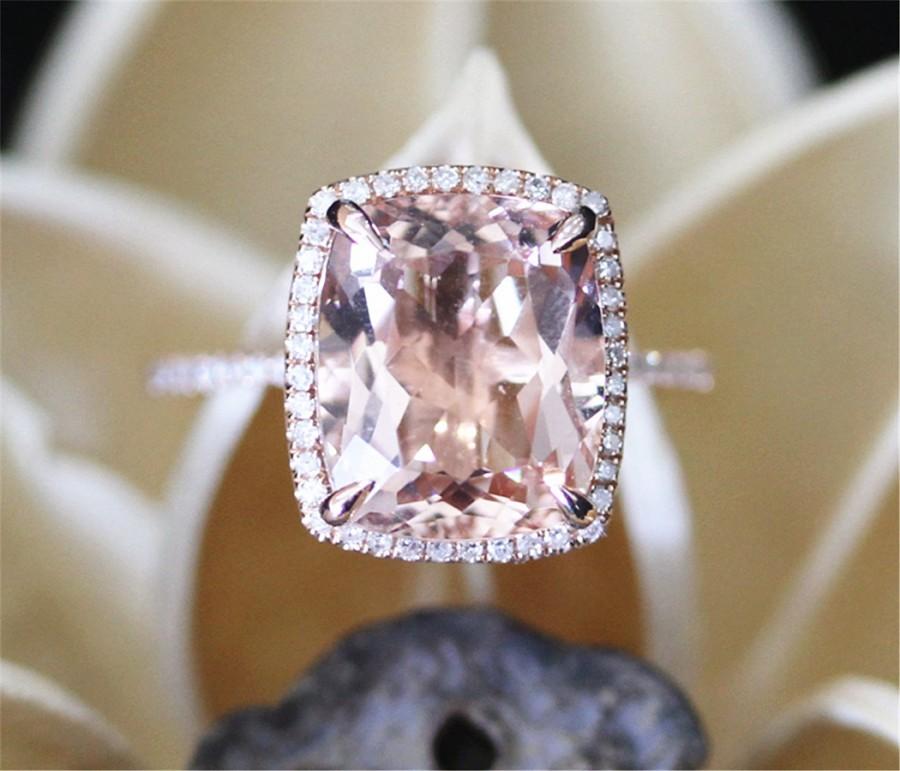 Свадьба - Classical Morganite Engagement Ring,VS 10*12mm Cushion Cut Morganite Ring,Halo Diamonds,Half Eternity,14K Rose Gold Ring,5ct Big Stone Ring
