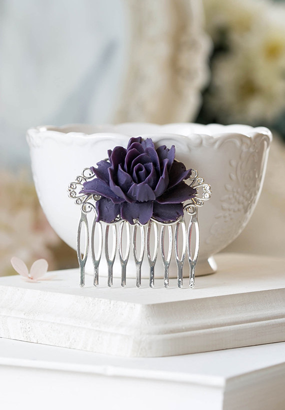 Hochzeit - Purple Flower Bridal Hair Comb Silver Bridal Hair Piece Hairpiece Bridesmaid Gift Eggplant Purple Wedding Hair Accessory Romantic Vintage