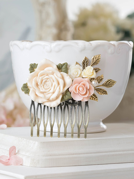 Hochzeit - Bridal Hair Comb Large Ivory Blush Pink Rose Pearl Antique Gold Brass Leaf Branch Hair Comb Rustic Vintage Wedding Country Wedding Victorian