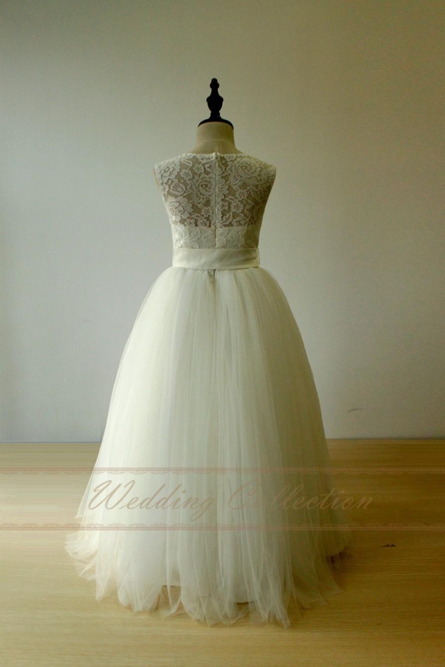 Wedding - Ivory Lace Flower Girl Dress Floor Length Sashed A Line Sheer Back