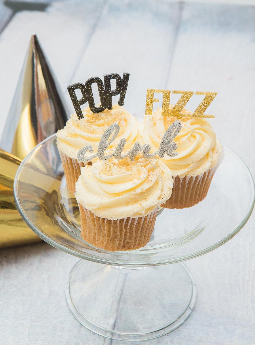 Wedding - New Years Cupcake Toppers "POP! Fizz Clink", Set of 12 - New Years Eve Party Cupcake Toppers Silver Gold Black Party Decor (Item - NCC120)