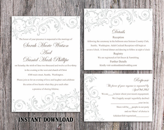 Свадьба - DIY Wedding Invitation Template Set Editable Word File Instant Download Printable Silver Invitation Gray Invitation Elegant Invitations