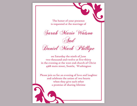 Hochzeit - DIY Wedding Invitation Template Editable Word File Instant Download Printable Invitation Mauve Wedding Invitation Hot Pink Invitation