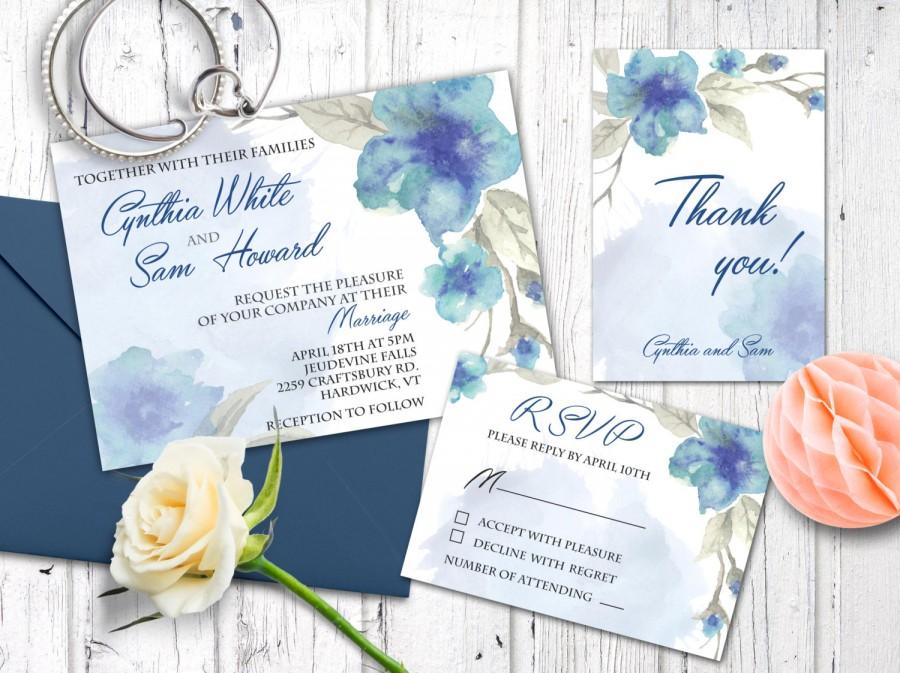 Свадьба - Wedding printable invitations kit, Floral watercolor wedding invitation set, RSVP, Thank you card.