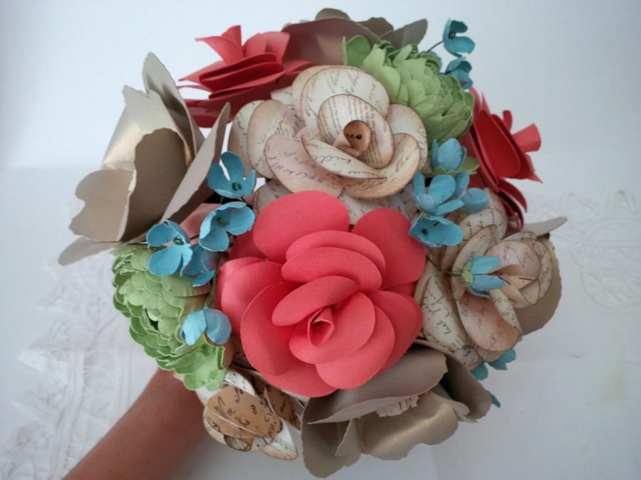 Wedding - Song sheet rose, coral rose, gold anemones, green ranunculus, paper flower, bridal flowers, burlap wrapped handle, wedding flowers, unique