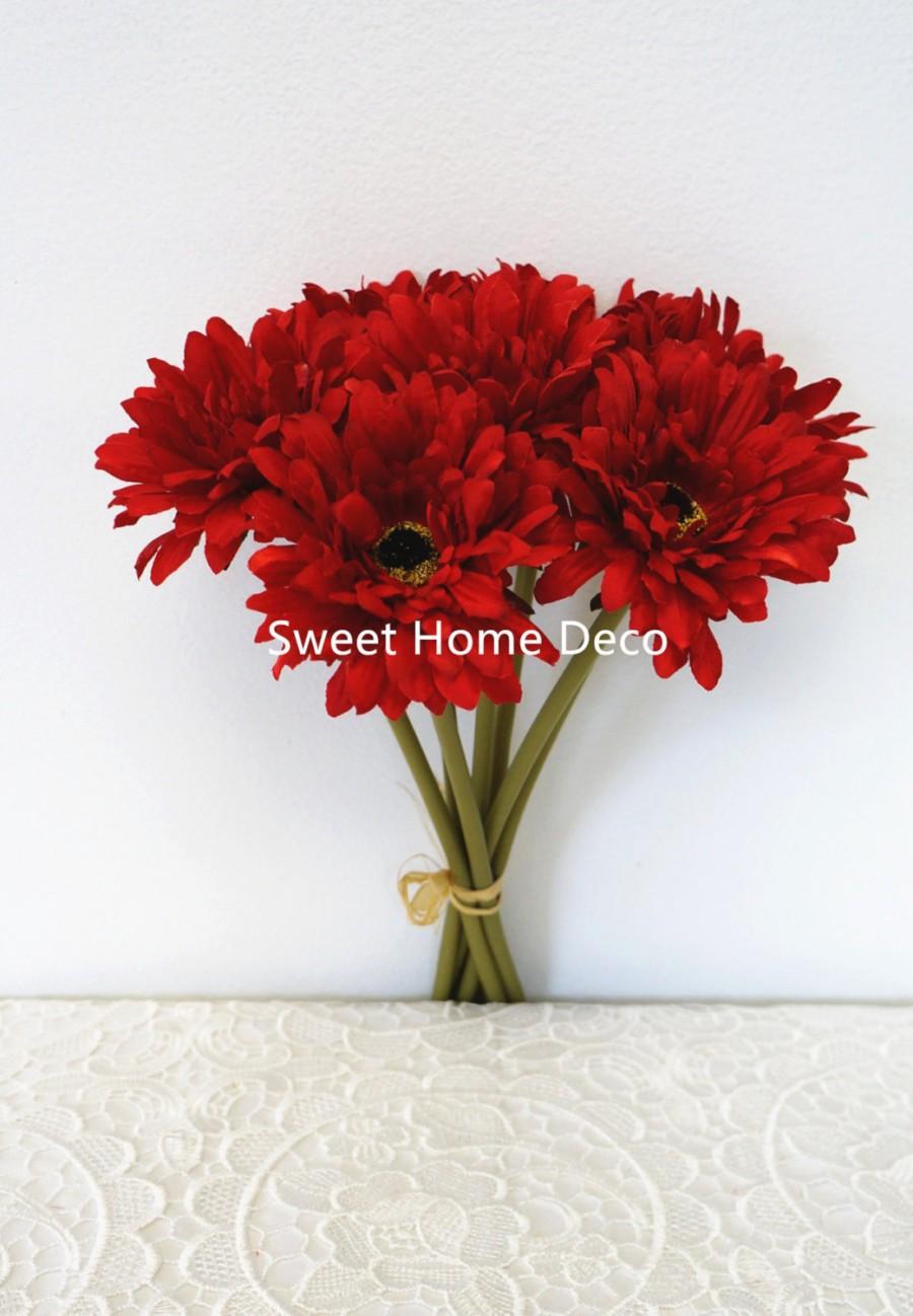 Wedding - JennysFlowerShop 13'' Silk Artificial Gerbera Daisy Bouquet Red (7 stems/ 7 Flower Heads), Home/wedding Decorations