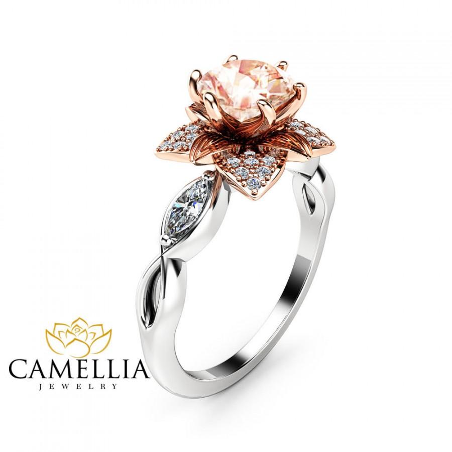 Wedding - Morganite Flower Engagement Ring 14K Two Tone Gold Flower Ring Engagement Ring with Marquise Diamonds