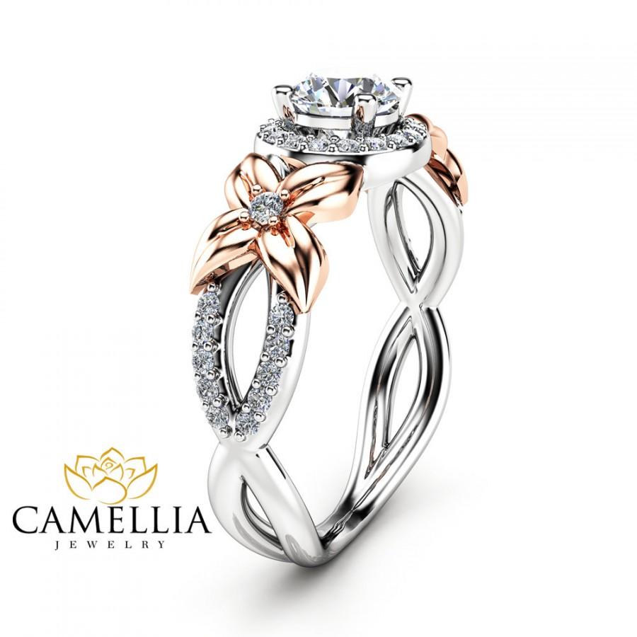 Wedding - Halo Diamond Engagement Ring 14K Two Tone Gold Floral Ring Half Carat Natural Diamond Engagement Ring