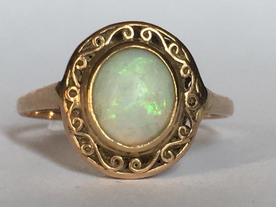 Wedding - Vintage Opal Ring. Oval White Opal in 14K Yellow Gold Filigree Setting. Unique Engagement Ring. October Birthstone. 14th Anniversary Gift.