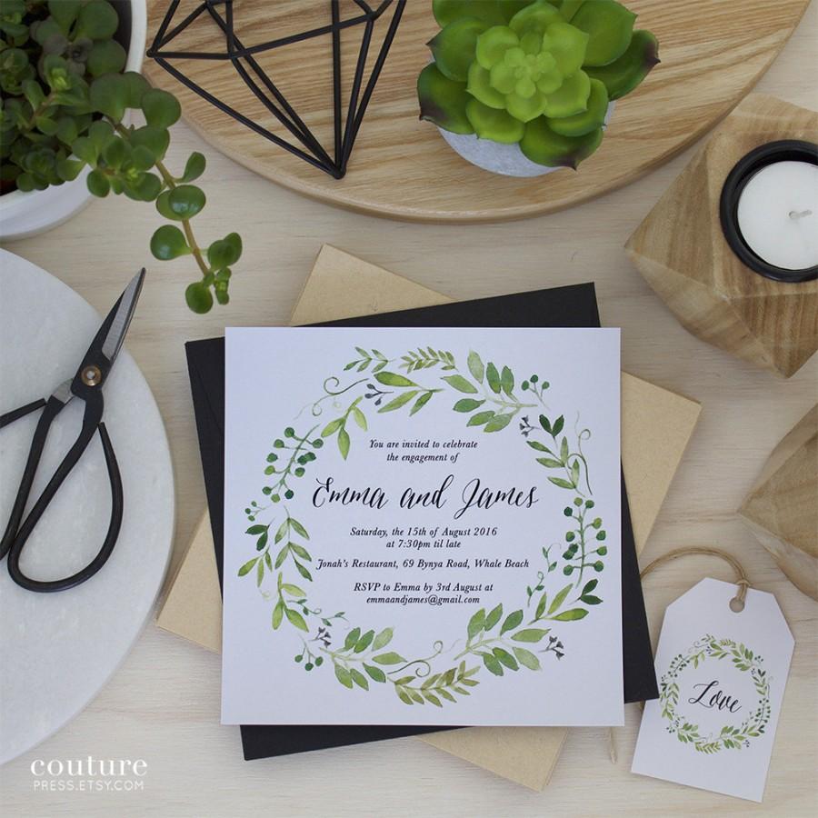 Свадьба - Printable Engagement Party Invitation, Engagement Party Invite, Engagement Dinner, DIY Printable, Watercolour Spring Green Wreath