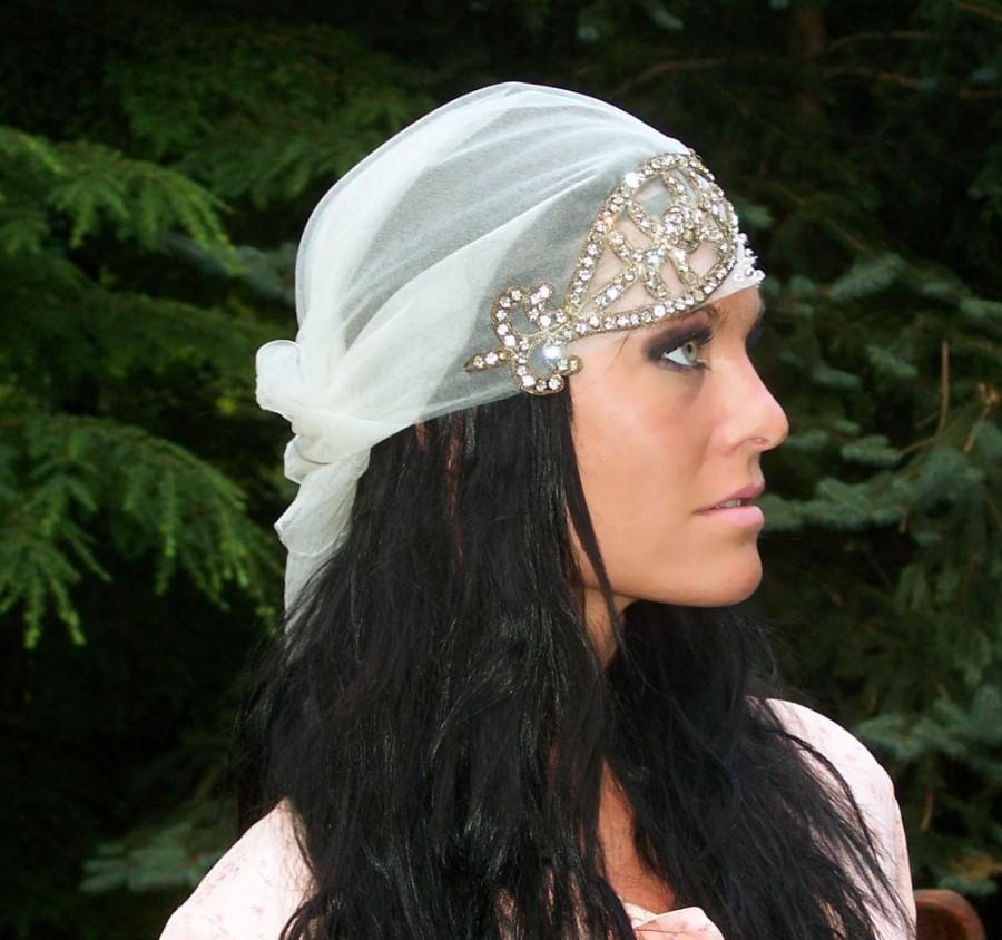 Mariage - Vintage Couture-Bohemian Chic Handmade Old World English Net Headwrap-beaded-Authentic 1800s Metal rhinestone Applique-CRBoggs Original-OOAK