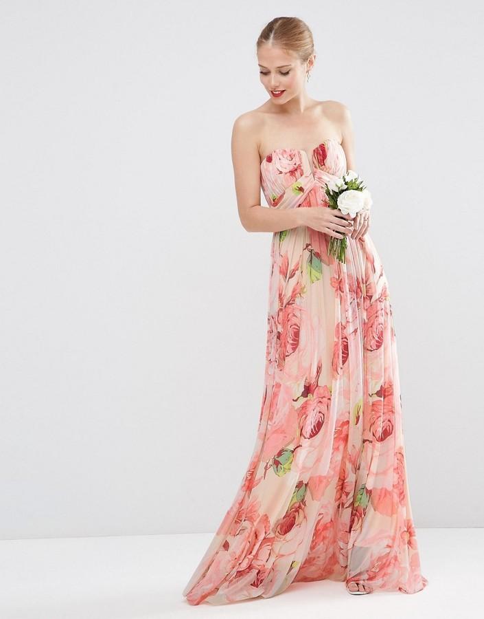 زفاف - ASOS WEDDING Floral Printed Rouched Bandeau Mesh Maxi Dress