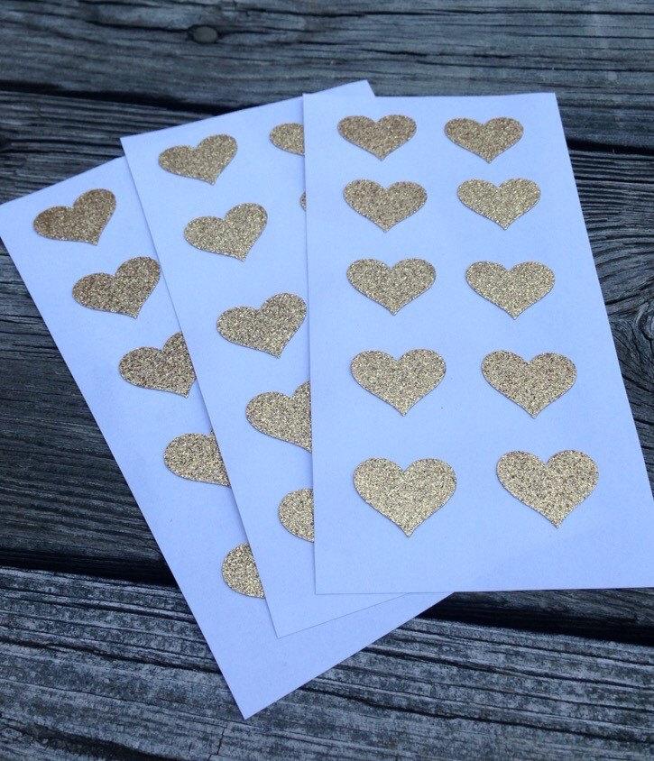 Hochzeit - Glitter Envelope Seals Gold Stickers heart - Wedding Stationary - Sheet of 10 Stickers