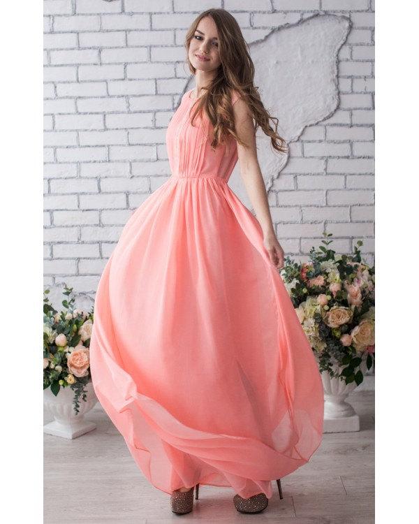 Hochzeit - Peach Bridesmaid Long Dress Chiffon Peach Wedding Party Gown Prom Lace Sleeve Dress Evening Summer Wedding.