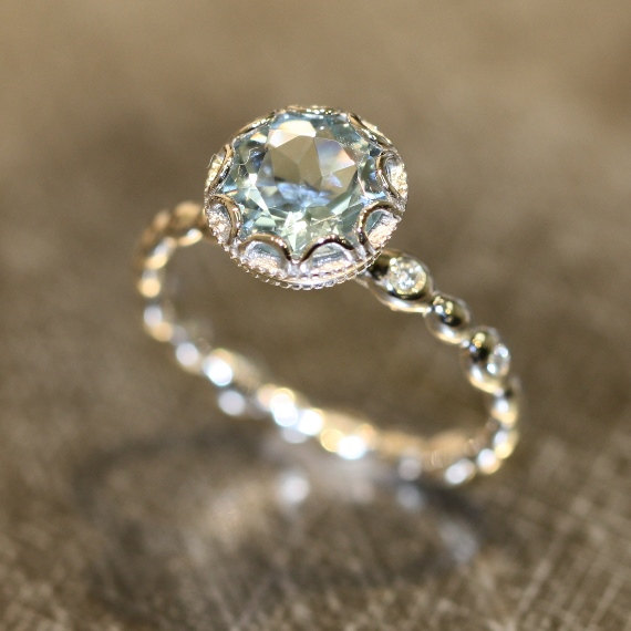 زفاف - Floral Aquamarine Engagement Ring in 14k White Gold Pebble Diamond Wedding Band 8mm Round Cut Blue Gemstone Ring March Birthstone Ring