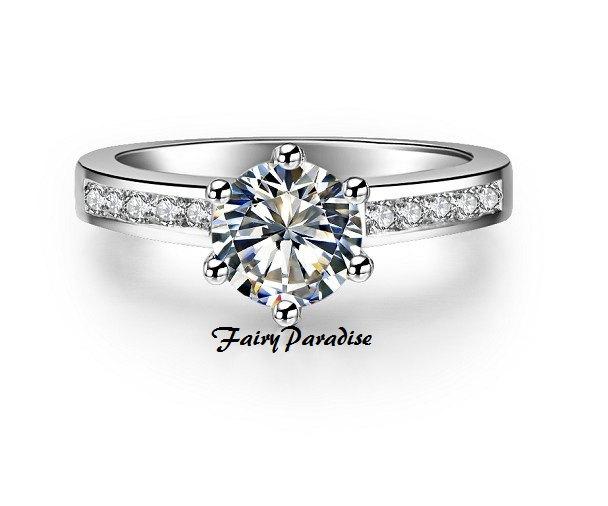 Wedding - 2 ct Round Cut Solitaire Man Made Diamond Engagement / Promise Rings in Solid 925 Silver Platinum Plated, Channel Set Band (FairyParadise)