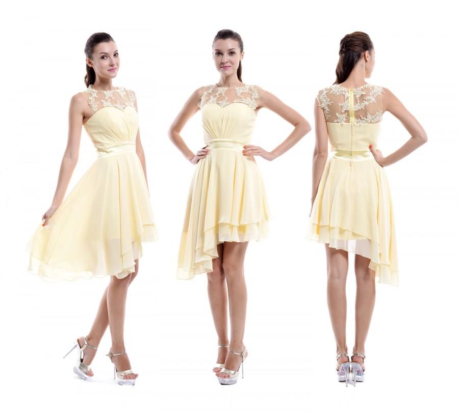 Свадьба - Daffodil Bridesmaid Dress, Sweetheart Asymmetrical Hem Short Chiffon Bridesmaid Dress, Chiffon Lace Sheer Neck Bridesmaid Dress