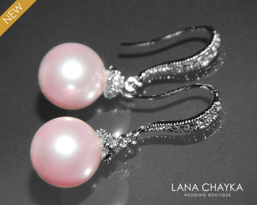 زفاف - Rosaline Pink Pearl Earrings Swarovski 10mm Light Pink Pearl CZ Silver Earrings Blush Pink Pearl Bridal Earrings Bridesmaid Pearl Jewelry