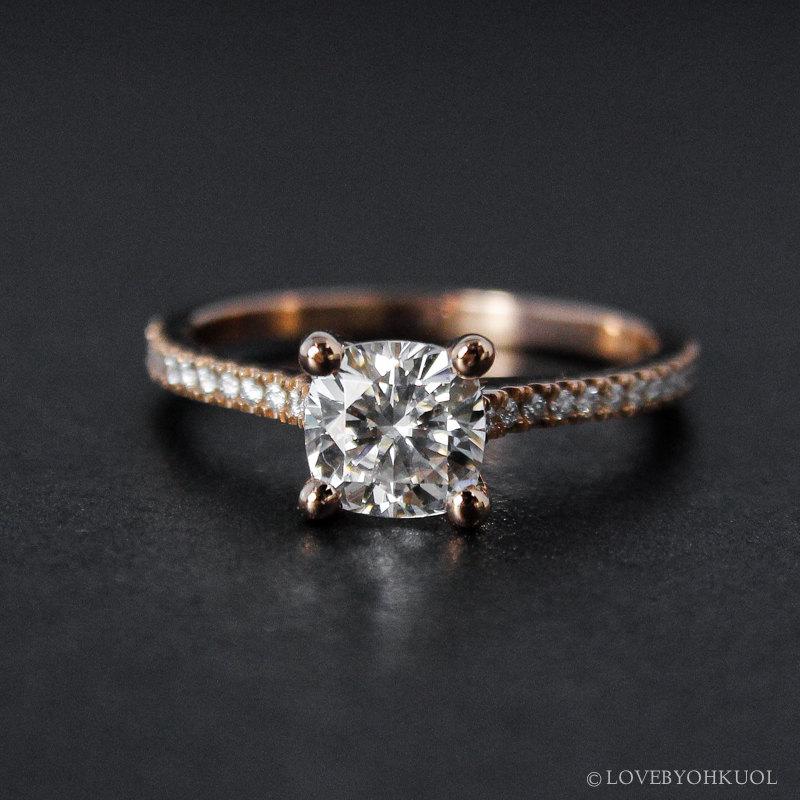 زفاف - Forever One Moissanite Ring - 4 Prong Cushion Cut Moissanite - Rose Gold, Pave Diamonds