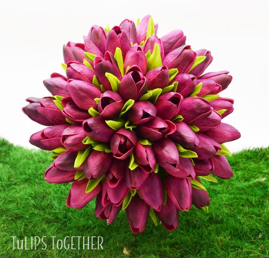 زفاف - Plum Purple Real Touch Tulip Wedding Bouquet - Ready for Quick Shipment - 5 Dozen Tulips - Customize Your Wedding Bouquet - Bridal Bouquet