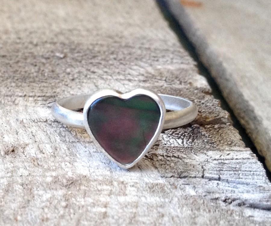 Wedding - Elegant Valentine's Day Romantic Black or White Mother of Pearl Heart Ring in Sterling Silver