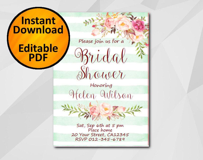 Hochzeit - Editable Bridal Shower Invitation, Watercolor turquoise stripe, Instant Download diy wedding, etsy Bridal Shower XB302ts-4