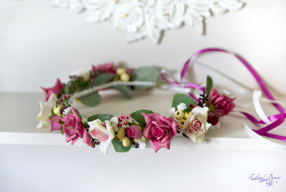 Hochzeit - Wedding flower crown Hot pink roses hair wreath Flower berries bridal crown Pink wedding floral halo Garden headpiece Boho crown